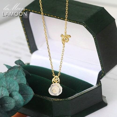 LAMOON 925 Sterling Silver Necklace For Women Rose & Bee Pendant Rose Quartz Gemstone 14K Gold Plated Fine Jewelry LMNI106