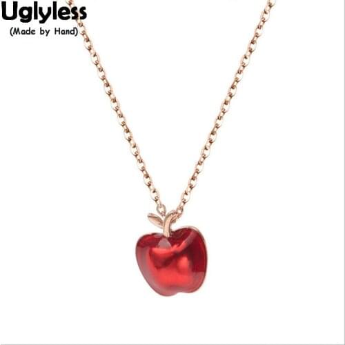 Uglyless 100% Real 925 Sterling Silver Apple Pendants with Chains Handmade Enamel Red Apples Necklaces for Women Fine Jewelry