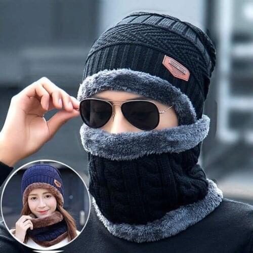 Winter Knitting Hat Men With Warm Scarf Plus Cashmere Thicken Outdoor Cold-proof Windbreak Hiking Fishing Climbing Unisex Hats