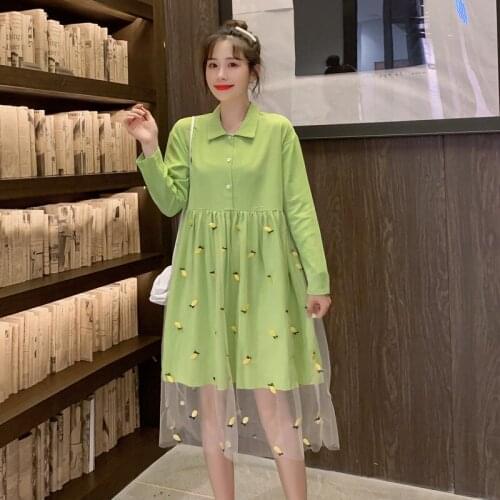 1879# Maternity Dress Spring Autumn Cotton Gauze Patchwork Embroidery Dress for Pregnant Women Mom Dress