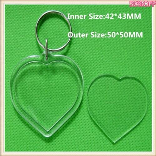 50Pcs /lot Heart Shaped DIY Acrylic Blank Picture Frame Keychains Transparent Blank Insert Photo Keychains
