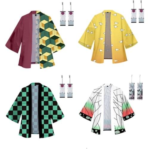 Anime Demon Slayer Kimono Cardigan Robe Tomioka Giyuu Cospaly Costume Kochou Shinobu 3D Print Casual Coat with Earrings