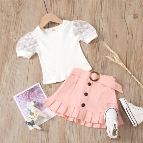 Kids Clothes Contrast Color Two-pieces Set Infant Girls' O-neck Short Sleeve Tops + High Waist Button Decoration Skirt Set