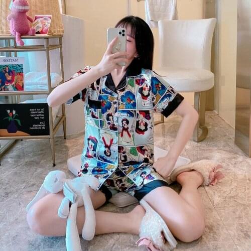 Disney Mickey Minnie ice silk pajamas womens silk sexy thin section cute short-sleeved lapel cardigan ladies home service sui