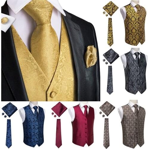Hi-Tie Mens Vest Set Silk Solid Waistcoat Vests For Men High Quality Tie Pocket Square Cufflinks Set Black Blue Red Gold Vests