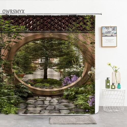 Chinese Style Red Stone Wall Arch Scenery Shower Curtains Garden Courtyard Landscape Bathroom Decor Curtain Bathroom Products
