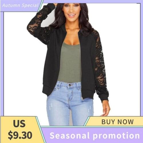 Lace Sleeve Women Basic Coats Long Sleeve Lace Patchwork Transparent Zipper Casual Slim Jacket Coat Bomber Jacket Outwear