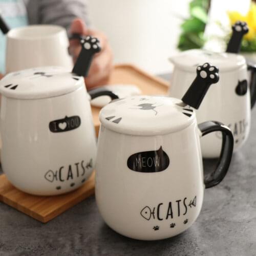 Milk Mugs Coffee Cups Set with Lid Spoon Cute Cartoon Cat Ceramic Eco Friendly Cute Coffee Mugs and Cups Kitchen Drinkware