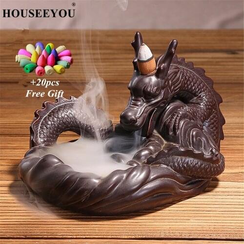 20Pcs Incense Cone + Dragon Backflow Incense Burner Creative Home Decor Ceramic Waterfall Incense Holder Aroma Smoke Joss Censer