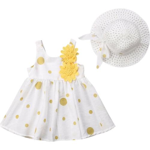 Cute Infant Kids Baby Girl Summer Dress Sleeveless Floral Dot Boho Dresses Hat 2PCS Princess Girls Party Clothes 6M-3Y