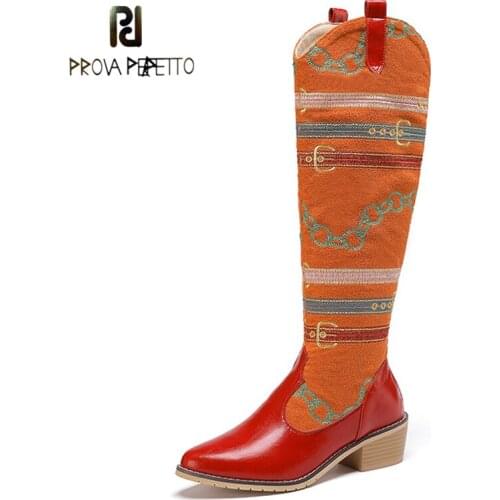 Fashion Color-blocking High Boots, Pointed Toe Mid-heel Horse Oil Leather Stitching Embroidered Velvet Retro Comfortable Boots