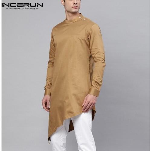 Men Indian Clothes Shirts Long Sleeve Vintage Solid Color 2021 Stand Collar Irregular Hem Men Shirts Muslim Kaftan S-5XL INCERUN