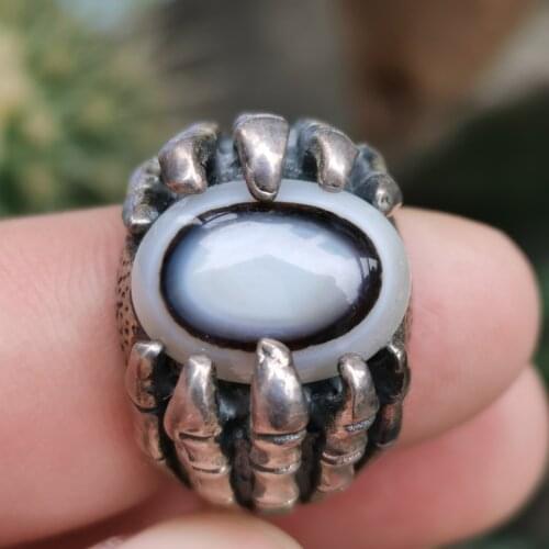 Natural Agate Ring Sky Eye Dzi S925 Sterling Silver Inlaid Adjustable Size Mans Jewelry Bague Homme Fathers Day Gift
