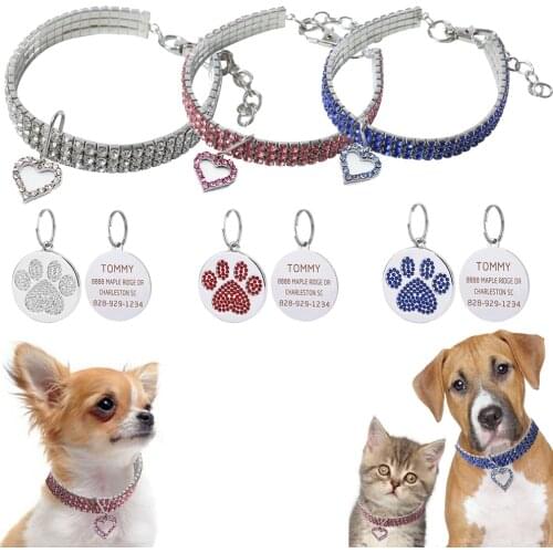 Cat Collar Diamond Inlay Personalized Puppy Small Dog Collar Custom Engraved Nameplate Tag for Dog Cat Necklace Elastic Jewelry