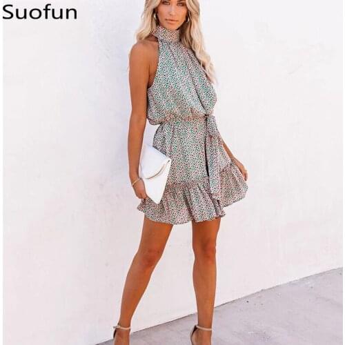 Suofun Casual A-Line Printed Womens Skirt 2021 New Beach Womens Pleated Mini Skirt Round Neck Bohemian Style Summer Dress