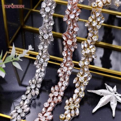TOPQUEEN S437 Luxury Rhinestone Bridal Belt Wedding with Crystal Diamond Beaded Applique Designs Bridal Belt Wedding Belts