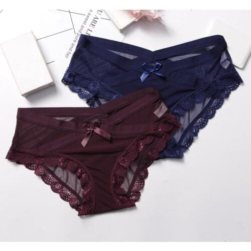 Mesh Lace Patchwork Female Briefs Solid Sexy Lingerie Women Underwear Lace G Strings Thongs Intimates Women Underwear Panties