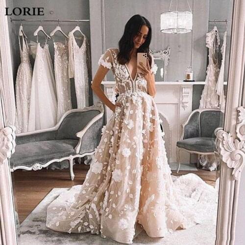 LORIE Short Sleeve Wedding Dress 2020 With 3D Flowers V Neck Lace Bridal Dresses Wedding Gowns Vestidos de novia