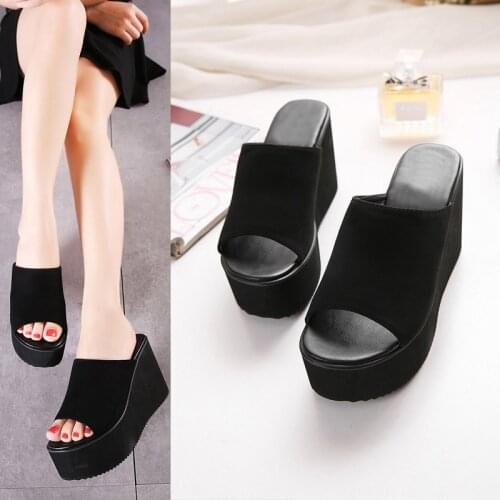 Koovan Women High Heels Silppers 10CM Platform Muffin Thick Black Bottom Leather Peep-Toe Sandals Elevator Girsl Slippers