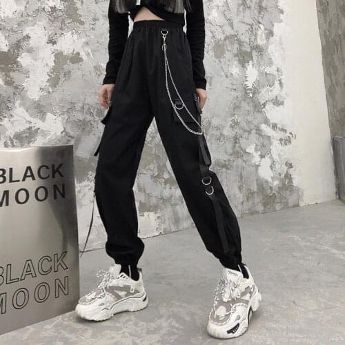 Womens Streetwear Pants With Chain Fashion Womens Cargo Pants High Waisted Casual Pants Girls Fashion Harem Ankle Banded Pants