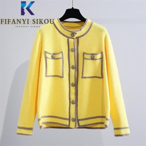 Yellow Knitted Sweater Jacket Women Single Breasted Fashion Patchwork Cardigan Knit Short Coat 2021 Autumn Loose Sweaters Female