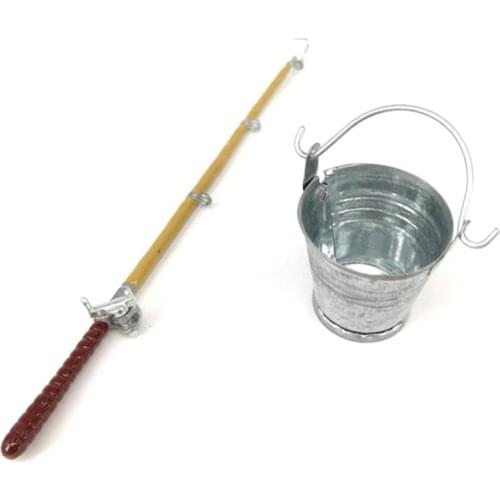 1 Set Doll House Decoration Dolls Accessories Dollhouse Miniature Metal Fishing Rod Model+Water Bucket Doll Life Scene