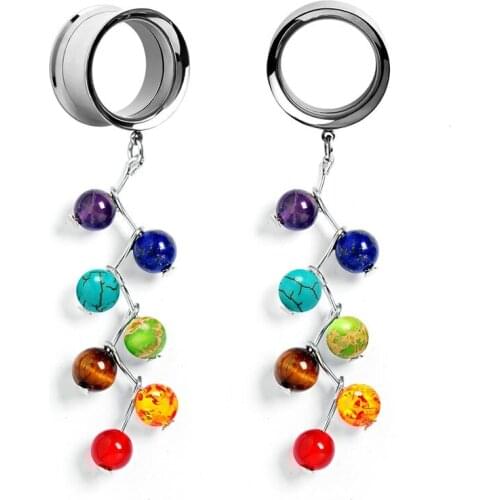2PCS Stainless Steel Ear Plugs Tunnels 7chakra Dangle Stone Expansiones De Oreja Dilataciones Earrings Piercing Ear Reamer 4-25