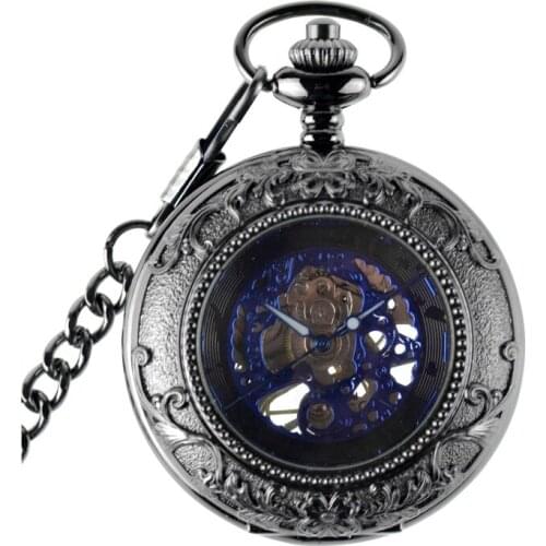 Antique Skeleton Pocket Watch Mechanical Hand Wind Pocket & Fob Watches Steel Black Mens Watches Pendant Fathers Day Gift