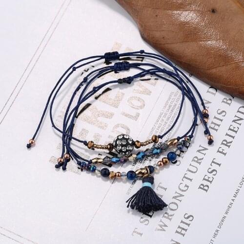 HANJING Seed Beads Bracelets For Women Multilayer Bohemian Tassel Charms Rope Bracelets Set Crystal Ball Pendant Pulsera Jewelry