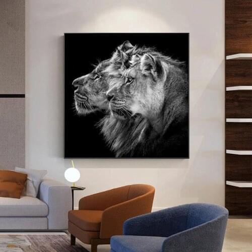 Black White Wild Lion Couple Art Canvas Painting Wild Animal Posters and Prints Wall Art Picture for Living Room Home Decoration