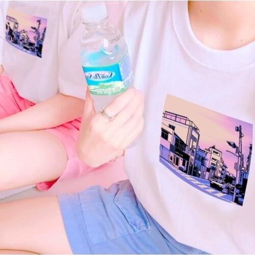 HAHAYULE-JBH 8-bit Pixel Vaporwave City Aesthetic T-Shirt Kawaii Japanese Anime White Tee Harajuku Style Top