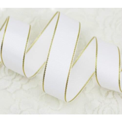 Hot Sale (2meter/lot) 1" (25mm) White Gold Edge Grosgrain Satin Ribbon DIY Christmas Gift Wrapping Ribbon Wedding Party Supplies