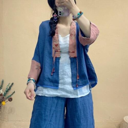 21New Women Shirts Summer Inide Folk Style Linen Patchwork Embroidery Frog Buttons Drawstring Female Fashion Cardigan Retro