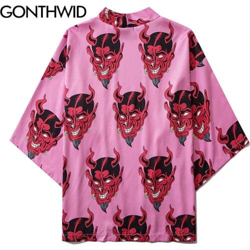 GONTHWID Harajuku Devil Print Kimono Cardigan Shirts Jackets Streetwear Hip Hop Men Summer Casual Japanese Front Open Coats Tops