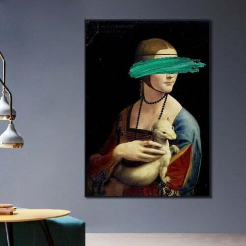Leonardo Da Vinci-The Lady With An Ermine Canvas Art Paintings Cover Face Pop Art Canvas Picture For living Room Wall Decoration