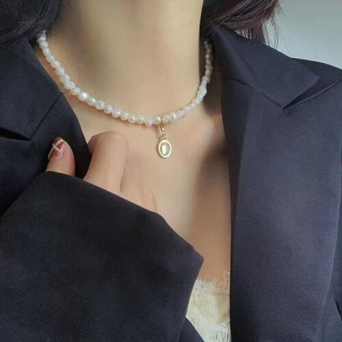 Minar Temperament Natural Baroque Pearl Necklaces for Women Clear Moonstone Pendant Chokers Necklace Vintage Wedding Jewelry