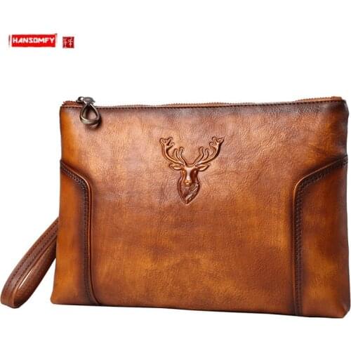 Genuine Leather Mens Clutch Bag Men Leather Handbag Fashion Casual Envelope Bag Small Mobile Phone Bags Soft Retro Cotton Youth