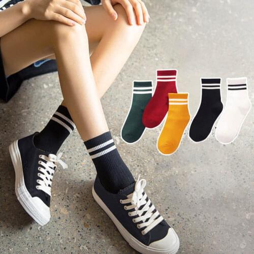 For Spring Summer Unisex Striped Crew Socks Nice Gifts Pure Color Mid Tube Socks 1Pair Polyester Cotton Breathable