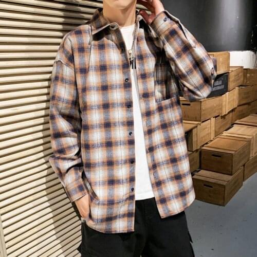 New Mens Long Sleeve Shirt Fashion Classic Plaid Loose Casual Shirt Personality Trend Mens Loose Shirt