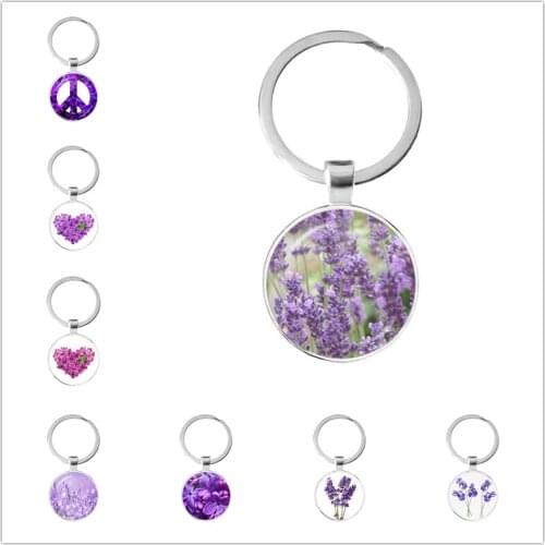 New Beauty Flowers lavender Glass Dome Cabochon Keychain Bag Car Key Chain Ring Holder Charms Keychains for Gifts