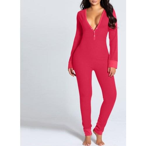 Sexy Womens Pijamas Onesies Button-down Front Functional Buttoned Flap V-Neck Pajamas Adults Jumpsuit Pyjama Femme Sleepwear 4