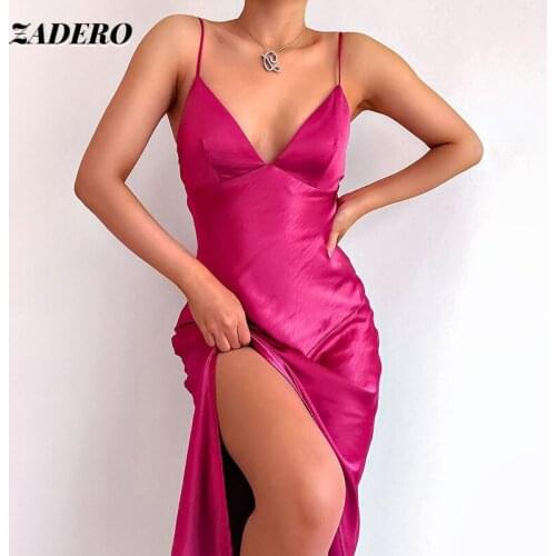 Sexy Satin Dress Women Hem Split Long Sling Dress Spaghetti Strap V Neck Sleeveless Backless Party Elegant Vintage Evening Dress