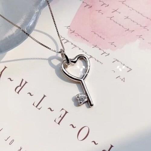 ModaOne Simple Heart Key Bling Cubic Zirconia Silver Color Pendant Necklace For Women Girls Korean Fashion Cute Jewelry Gifts