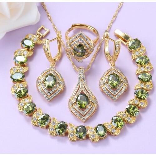 11.11 Sale Olive Green Cubic Zirconia Gold-Plated Jewelry Sets African For Women Necklace And Bracelet Sets