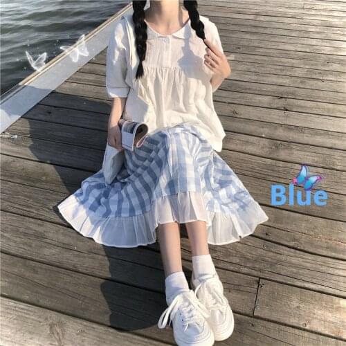 Sweet Short-Sleeve Women Shirt Harajuku Kawaii Loose Top Japanese Girly Peter Pan Collar Blouse Summer Solid All-Match Clothing