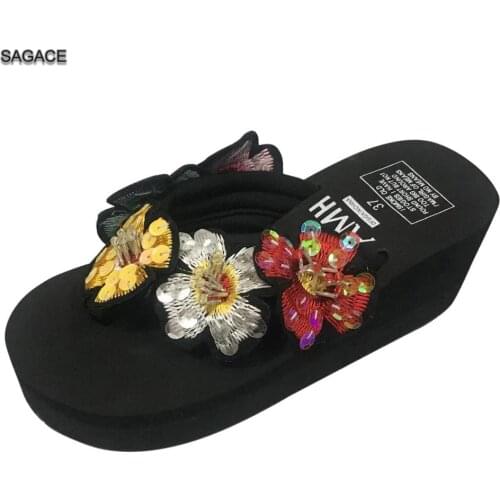 SAGACE Women Girls Bling Floral Wedges Flip Flops Sandals Slippers Shoes Female Sandalias Mujer 2020 Ladies Beach Sandals