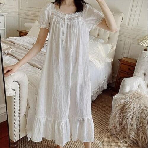 Princess Vintage Long Nightgowns Summer Women Short Sleeves Night Dress With Lace Girls Sweet French Style Leisure Home Dress