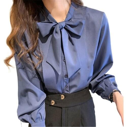 New Bow White Blouse Women 2021 Button Office Lady Long Sleeve Blue Chiffon Shirt Autumn Tops Woman Clothes Pocket Womens Shirts