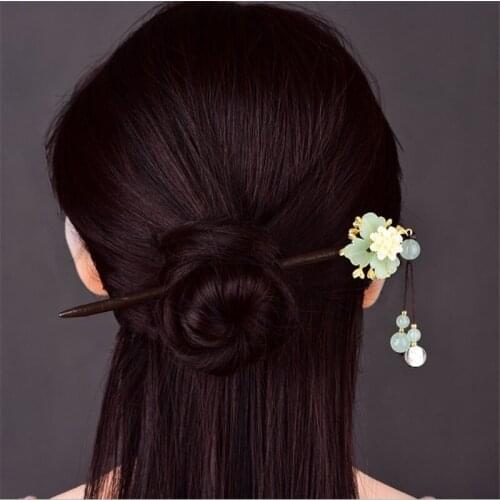 Women Hair Jewelry Glass Glazed Flower Chinese Hairpin Ethnic Hair Stick with Stone Tassel Bride Accessories Gift