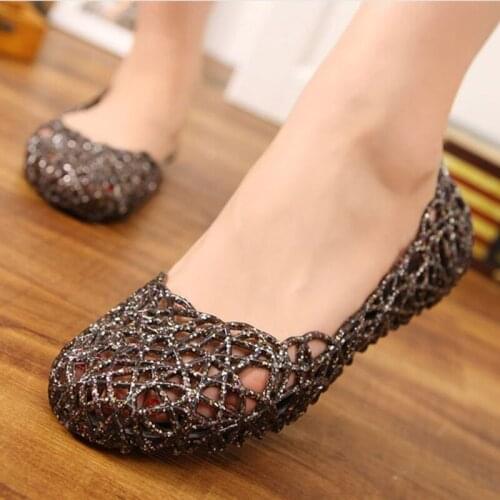 2021 Summer Hollow Out Round Toe PVC Flats Woman Shining Crystal Shallow Slip On Jelly Sandals Shoes Female